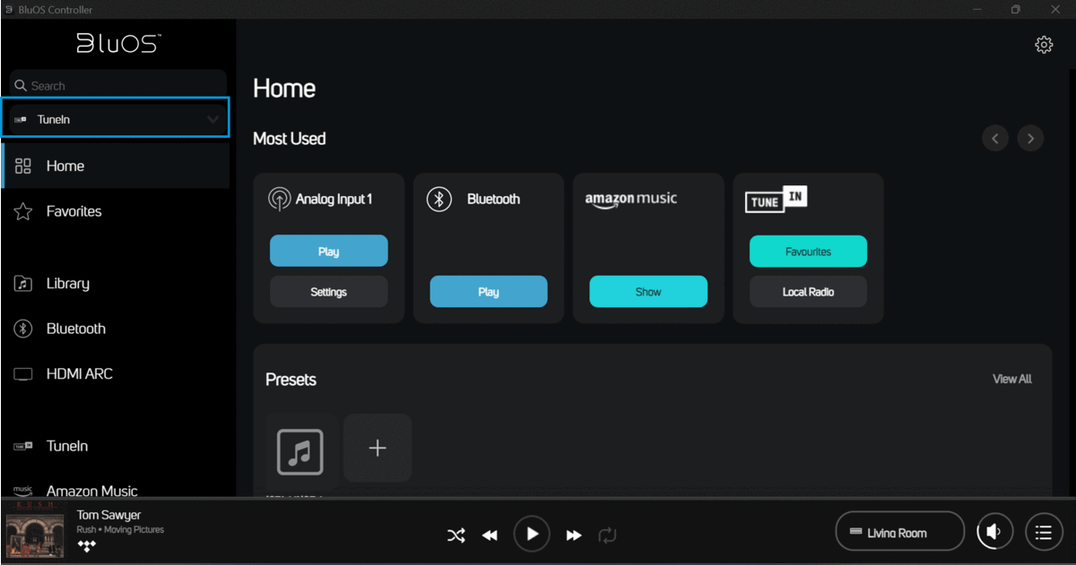 How to search for a song or track on the BluOS Controller App? The